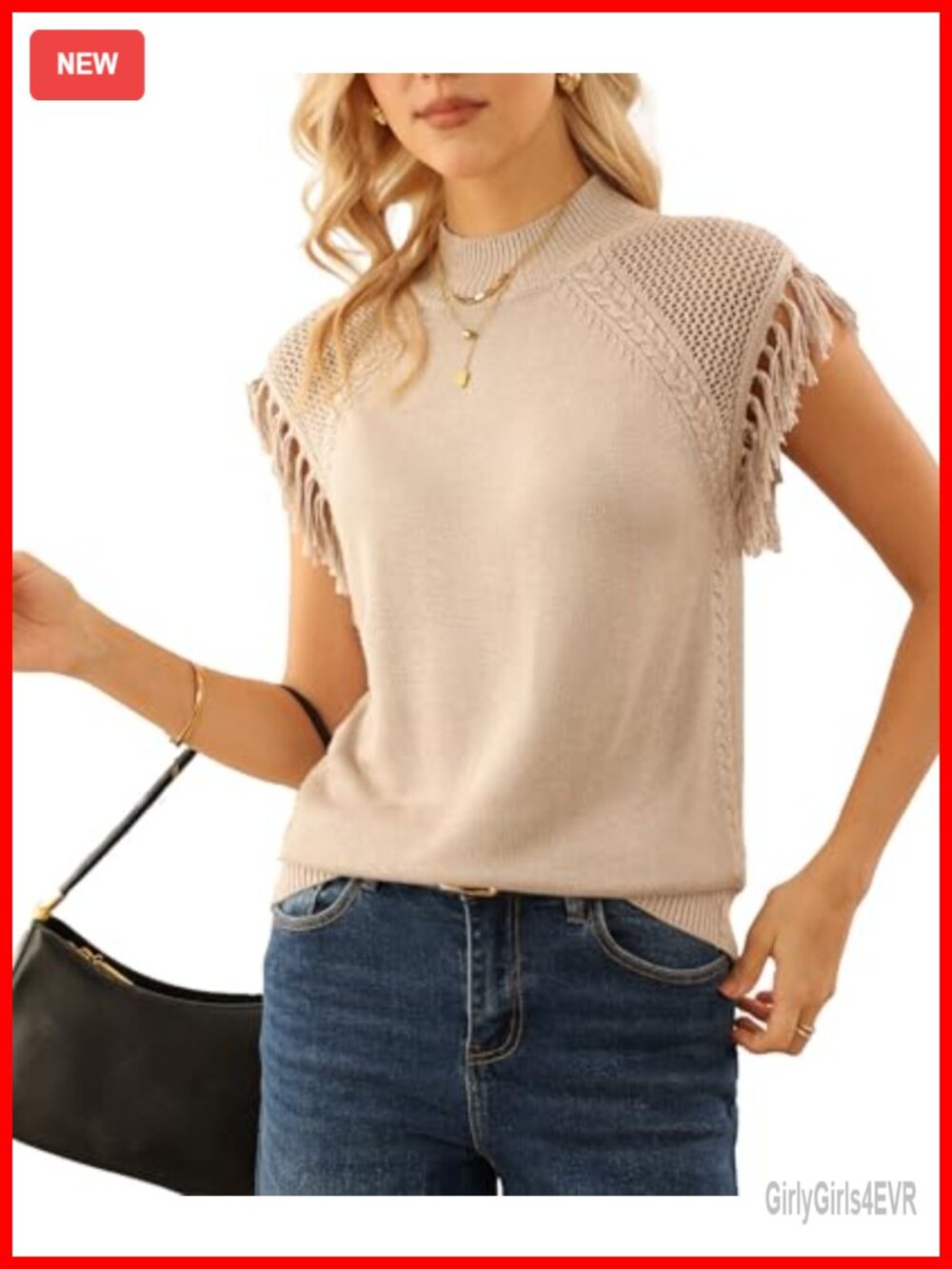 Cable Knit Sweater Vest with Cap Sleeve Fringe Crochet Blouse